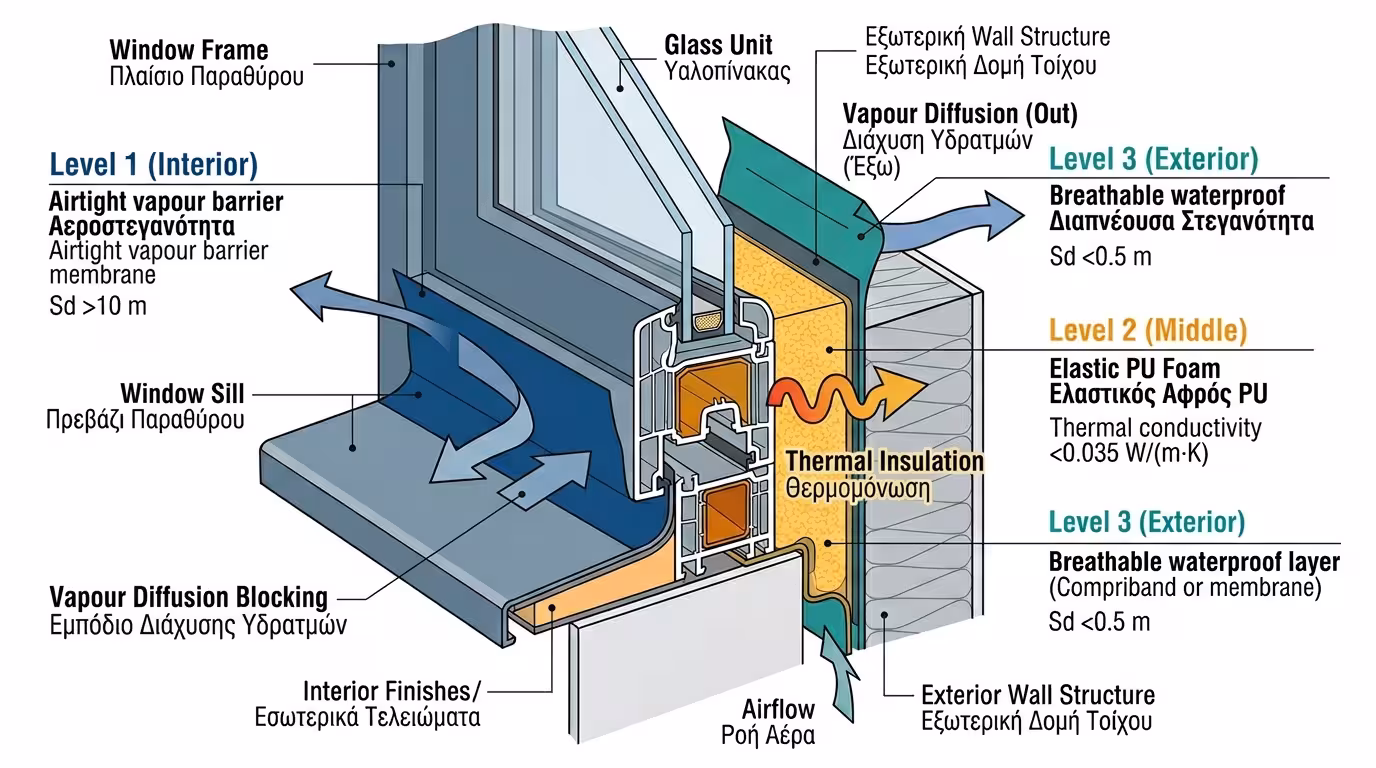 Τομή αρμού κουφώματος - τα 3 επίπεδα στεγάνωσης κατά RAL