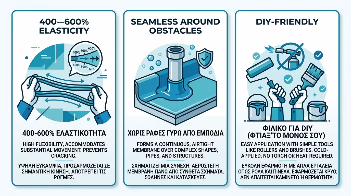 Ελαστικότητα 400-600%, αεροστεγής εφαρμογή γύρω από εμπόδια, DIY