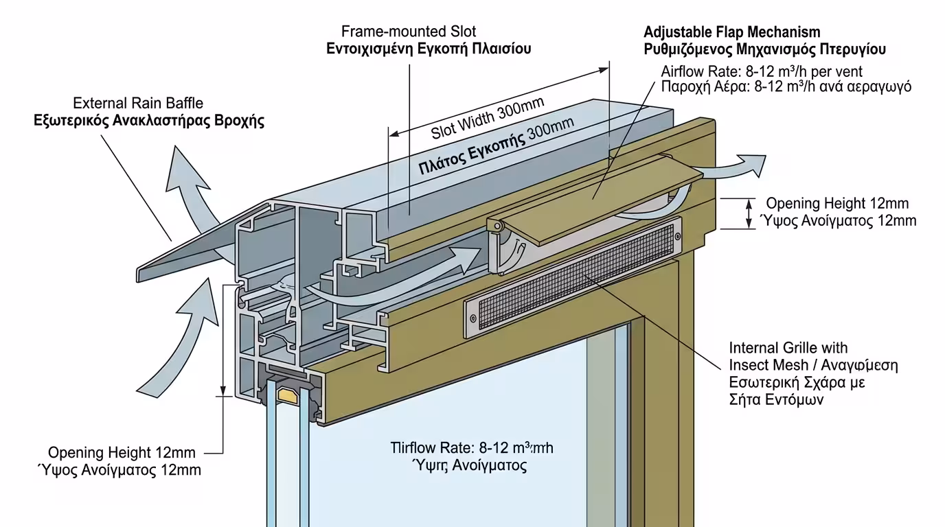 Ανατομία θυρίδας αερισμού: τοποθέτηση στην κάσα, κλαπέτο, εσωτερικό πλέγμα