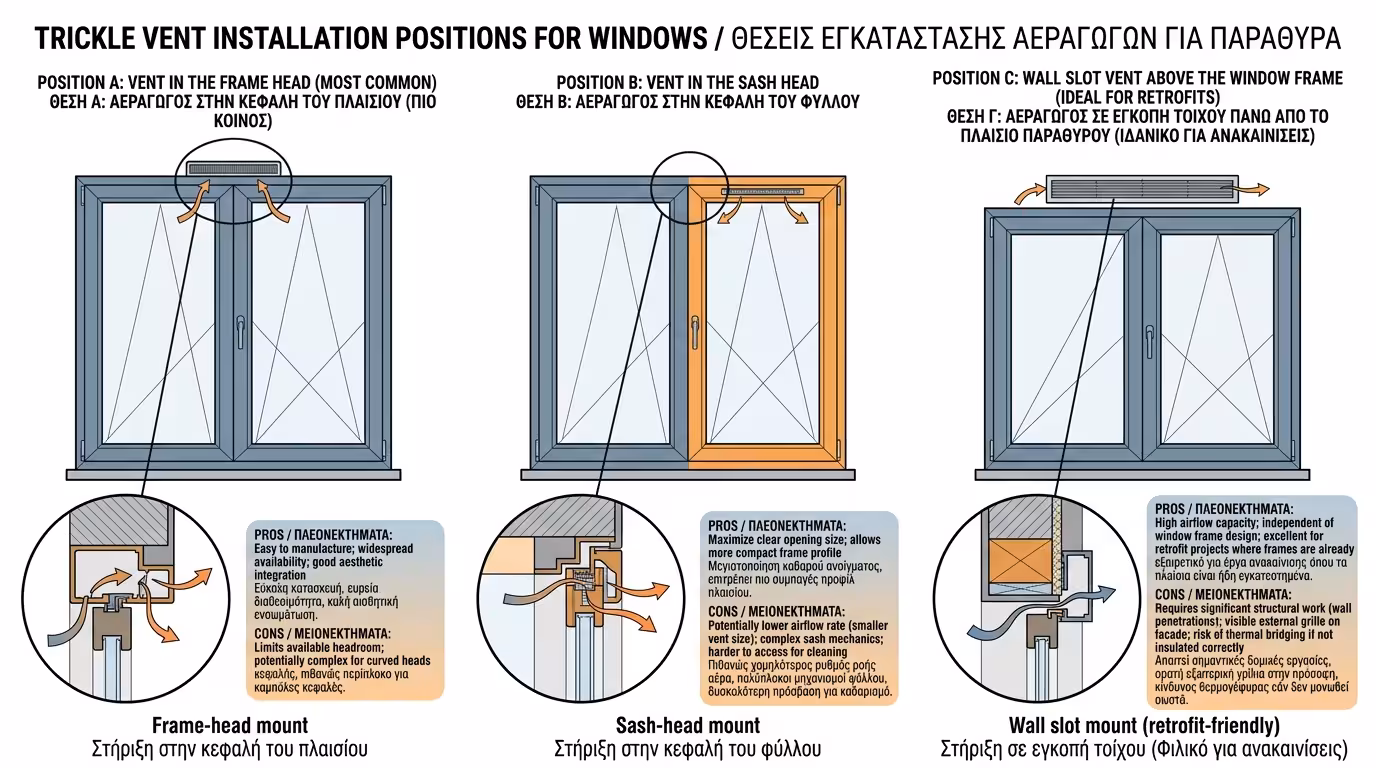 Θέσεις τοποθέτησης θυρίδας: στην κάσα, στο φύλλο, στον τοίχο πάνω από το κούφωμα