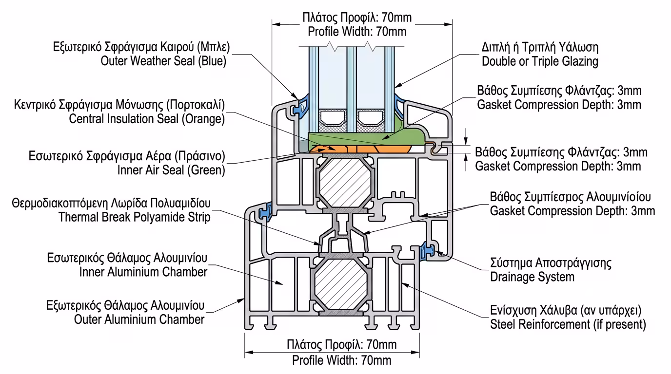 Τομή ανοιγόμενου κουφώματος με 3 σειρές ελαστικών EPDM