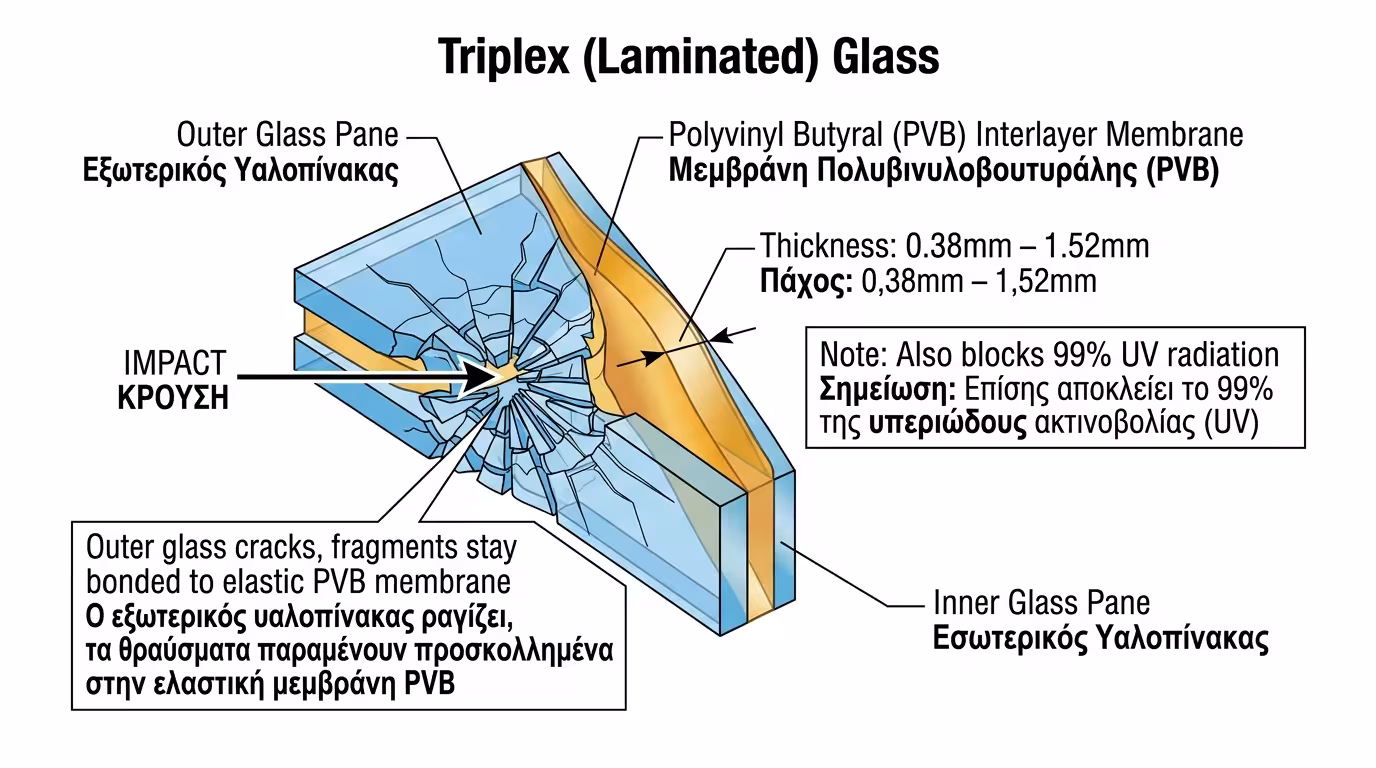 Τζάμι Triplex (Laminated) - πολυστρωματικό γυαλί με μεμβράνη PVB