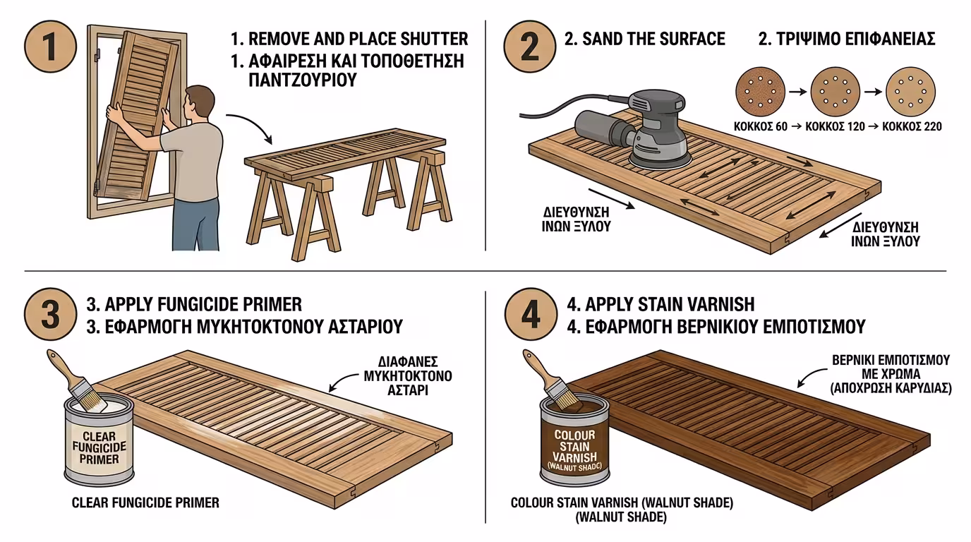 Τρίψιμο ξύλινου παντζουριού με τριβείο - sanding step-by-step