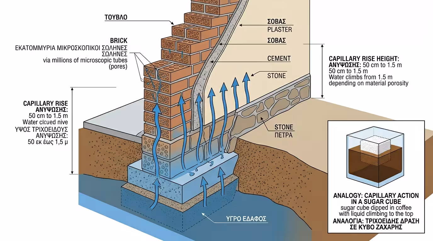 Τριχοειδής άνοδος - νερό ανεβαίνει μέσα σε πορώδη δομικά υλικά