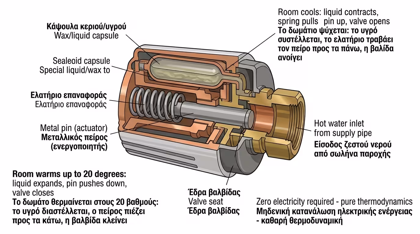 TRV κεφαλή - κάψουλα υγρού, διαστολή, ακίδα, βάνα καλοριφέρ