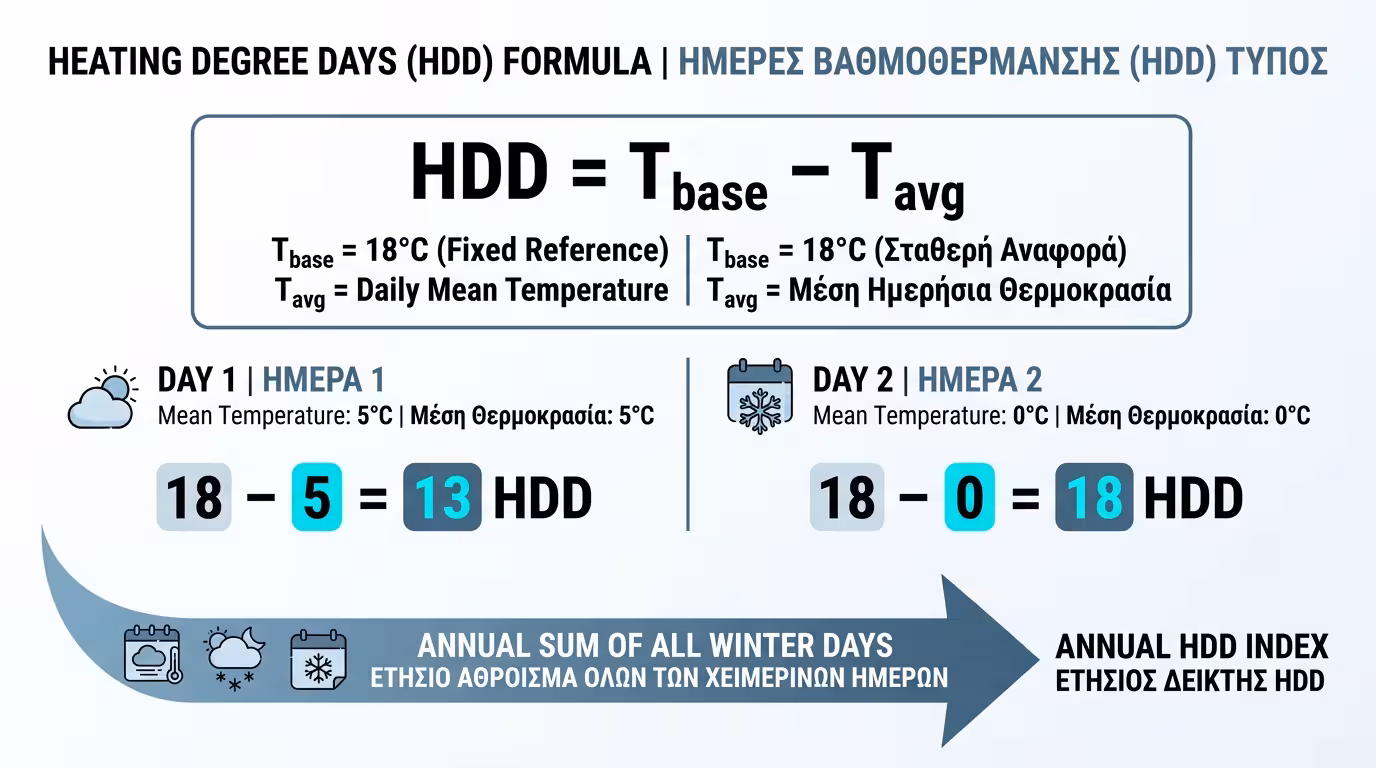 Τύπος HDD = T_base − T_avg, βάση 18°C