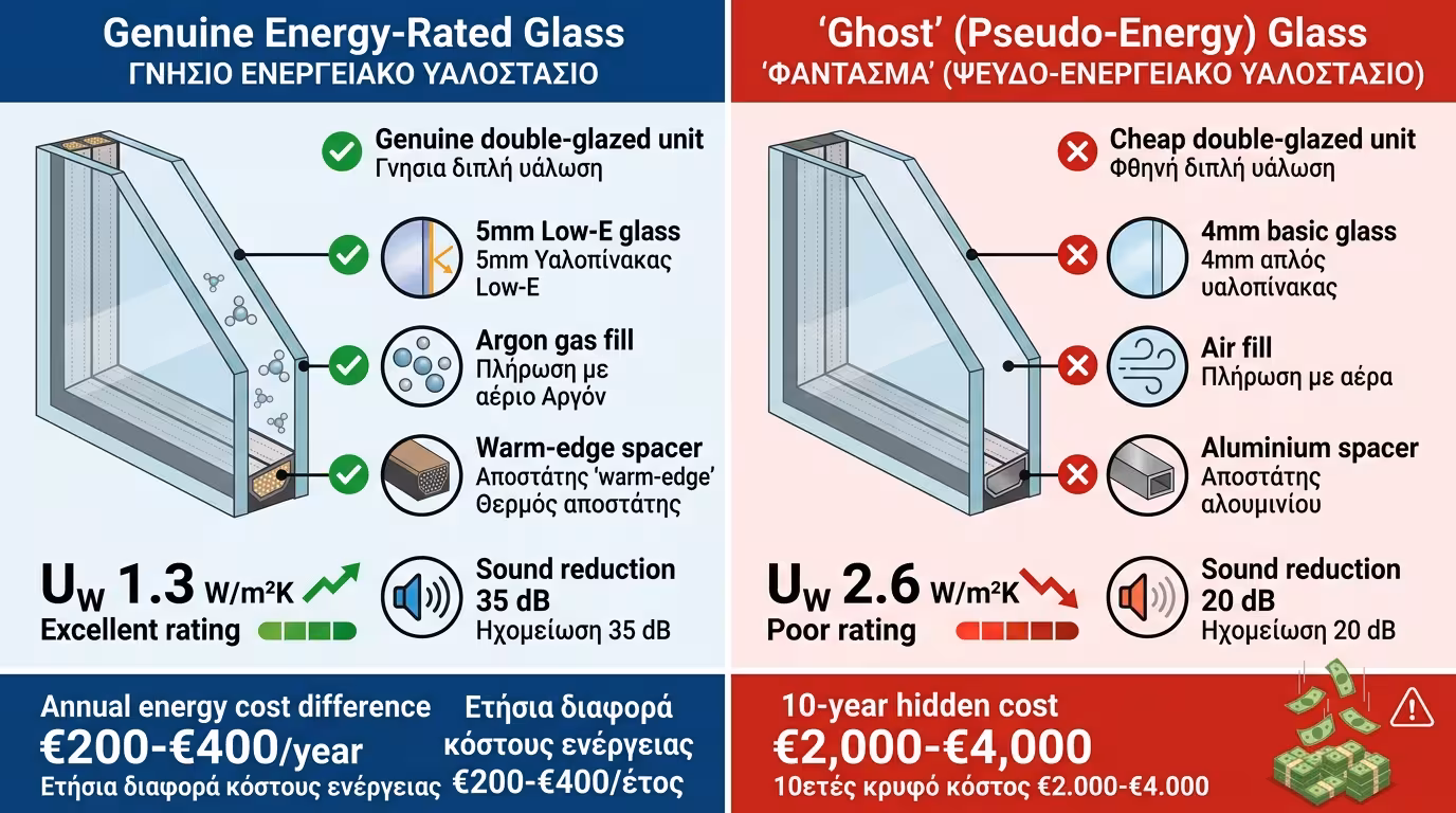 Ψευδο-ενεργειακό τζάμι χωρίς Low-E χωρίς Argon