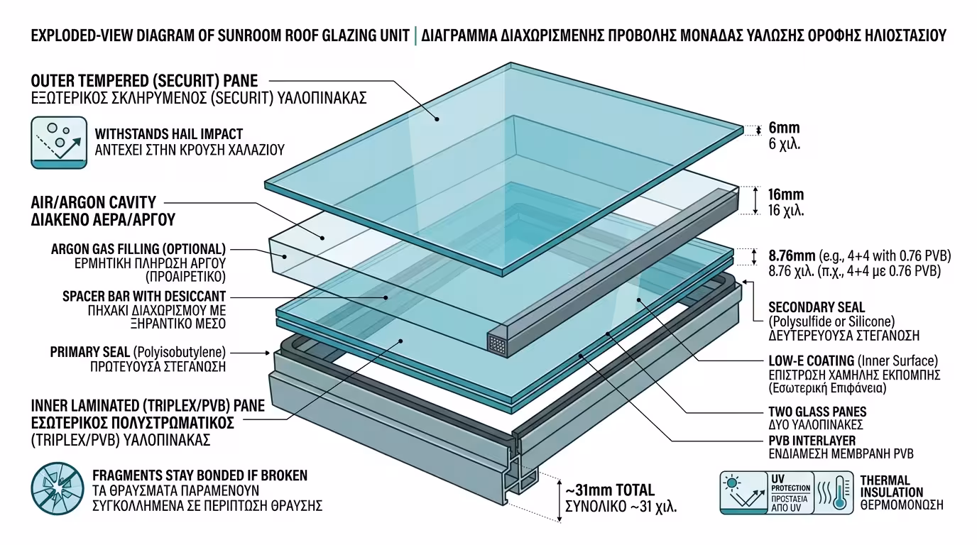 Τζάμι οροφής αίθριου - πολυστρωματικό Laminated/Triplex, Tempered/Securit