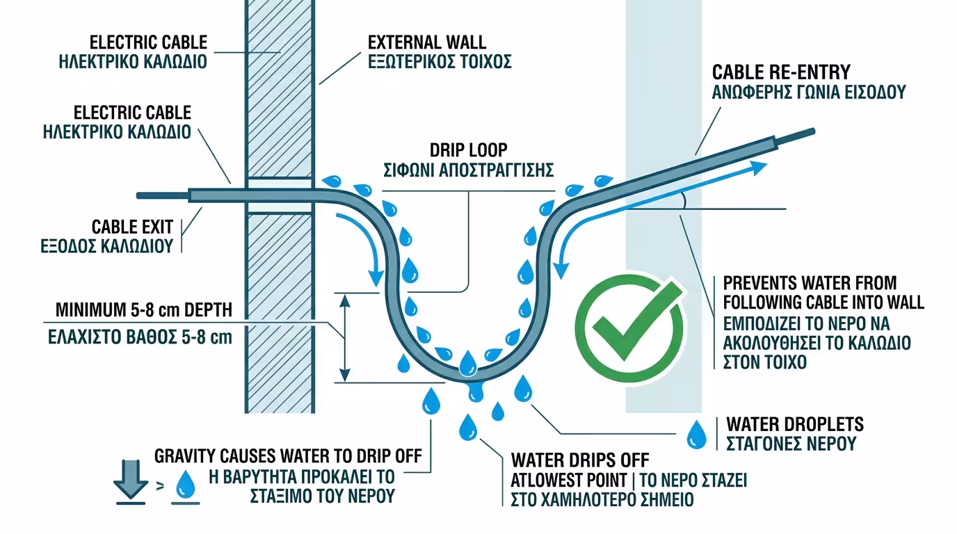 Drip loop U καμπύλη καλωδίου - νερό στάζει στο χαμηλότερο σημείο πριν φτάσει στον τοίχο