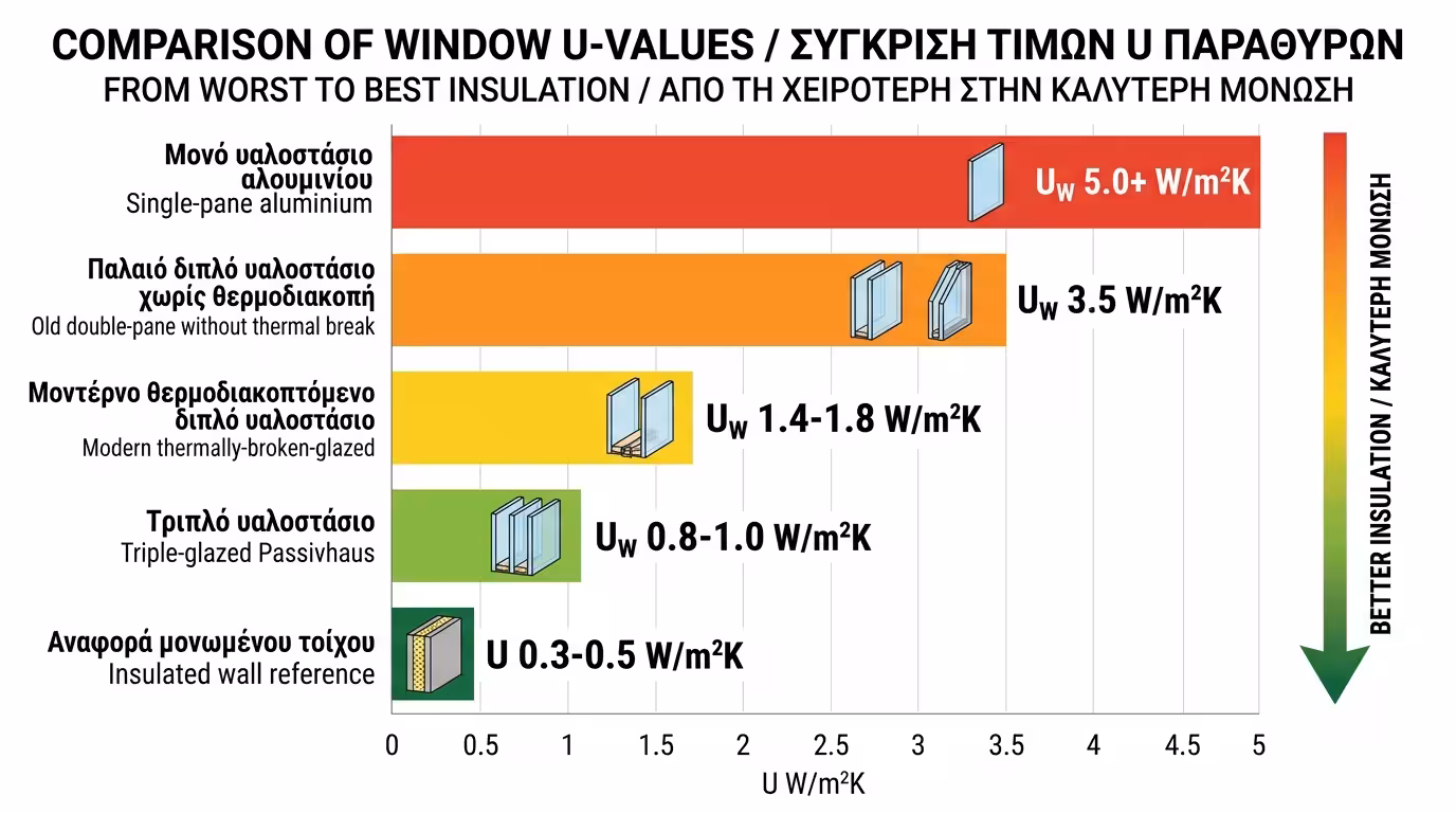 Σύγκριση συντελεστών Ug, Uf και Uw - τζάμι, πλαίσιο και συνολικό παράθυρο