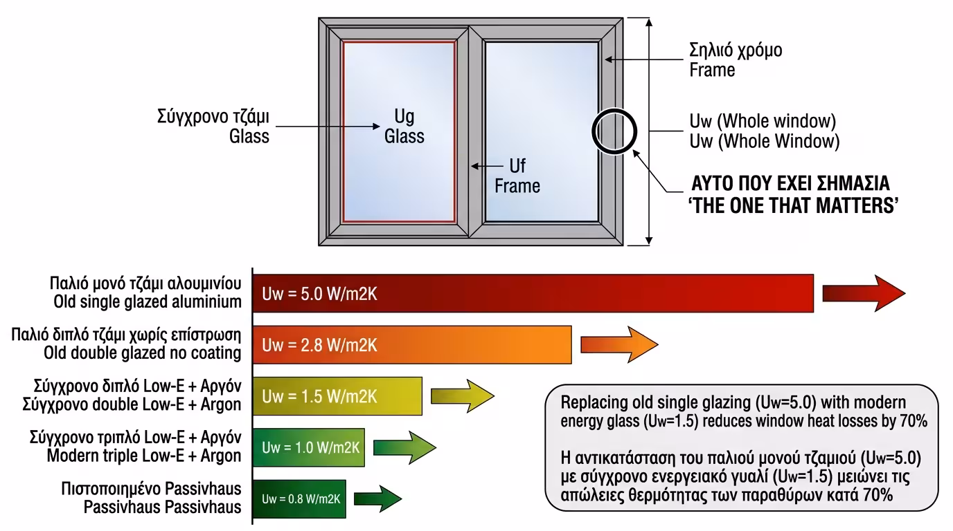 U-Value - Uw, Ug, Uf συντελεστής θερμοπερατότητας σύγκριση
