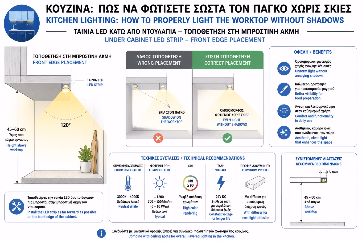 Εικονογράφηση για 2. Η Λύση: Ταινίες LED κάτω από τα πάνω ντουλάπια