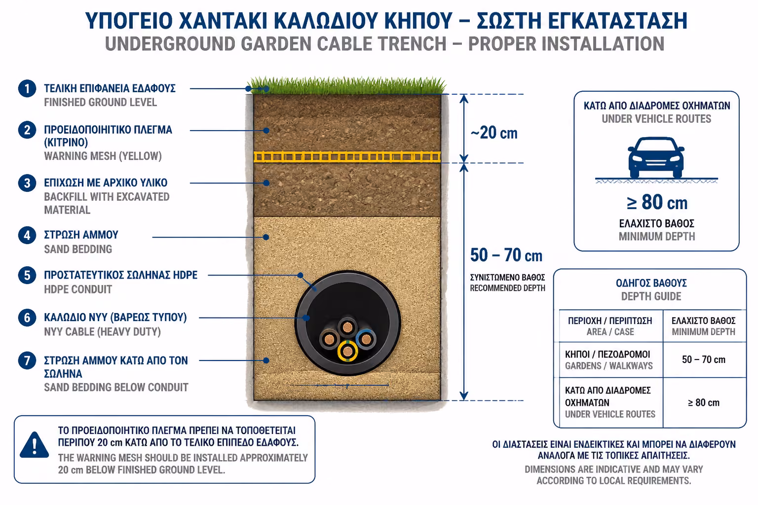 Υπόγεια όδευση καλωδίων κήπου μέσα σε προστατευτικό σωλήνα