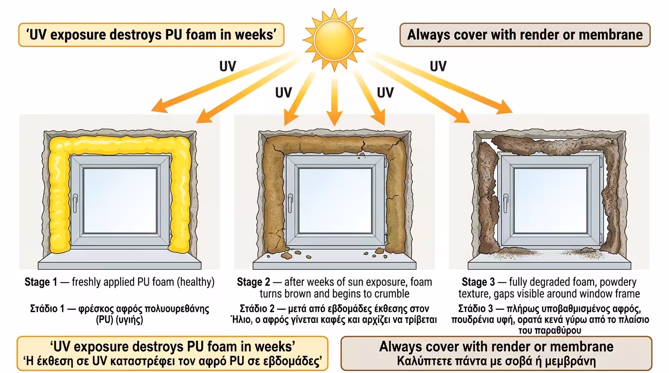 Πολυμερίωση αφρού PU από UV ακτινοβολία - καφέ, θρυμματισμένος αφρός σε εξωτερικό κούφωμα