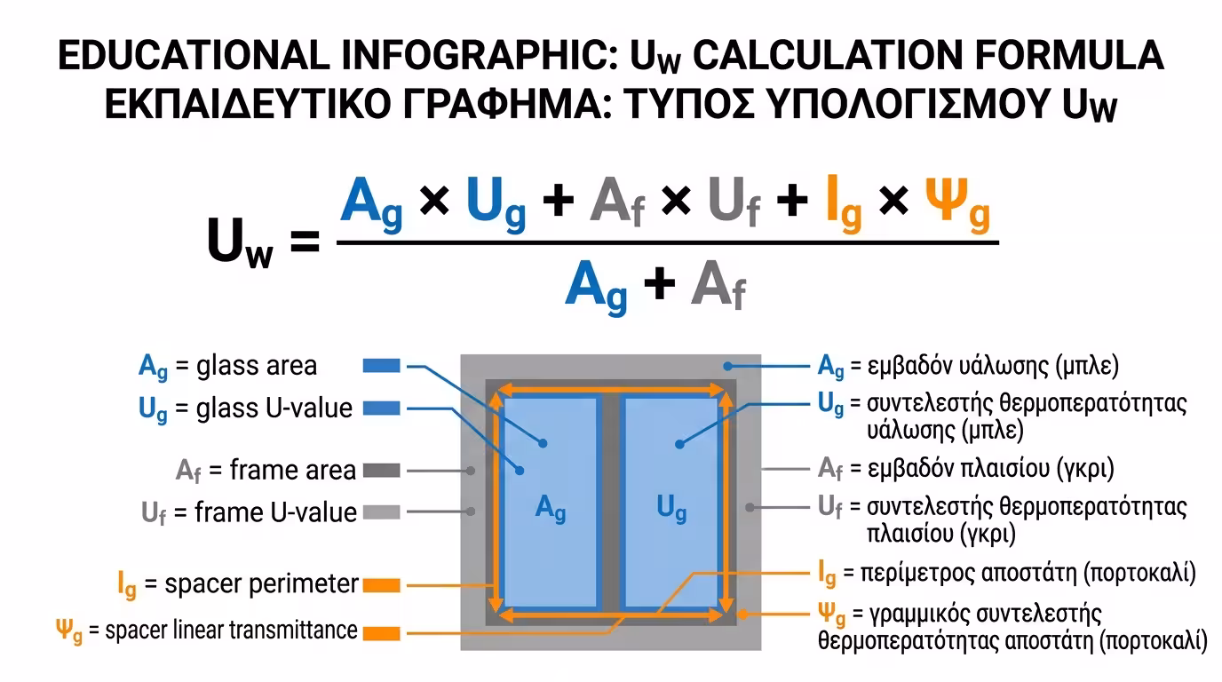 Τύπος υπολογισμού Uw κατά EN ISO 10077-1 - εμβαδά, συντελεστές, θερμογέφυρες