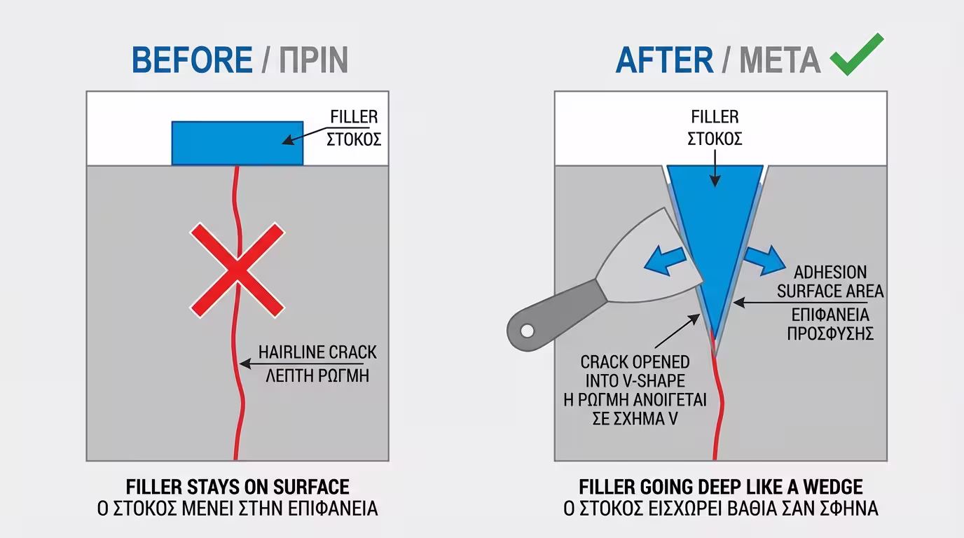 Μεταλλική σπάτουλα ανοίγει ρωγμή σε V: φαρδιά στην επιφάνεια, στενή στον πάτο - επιφάνεια πρόσφυσης