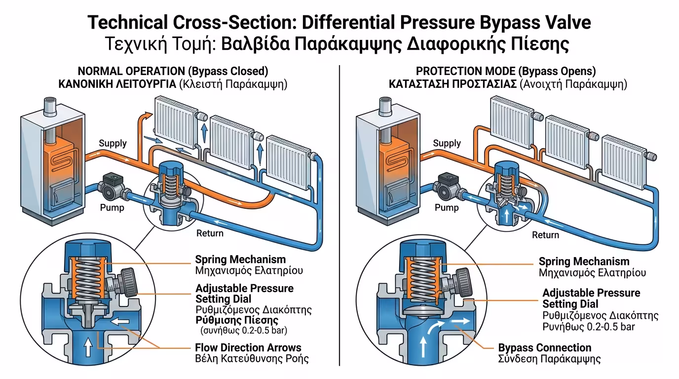 Βαλβίδα bypass - ελατήριο, παράκαμψη νερού, προστασία κυκλοφορητή