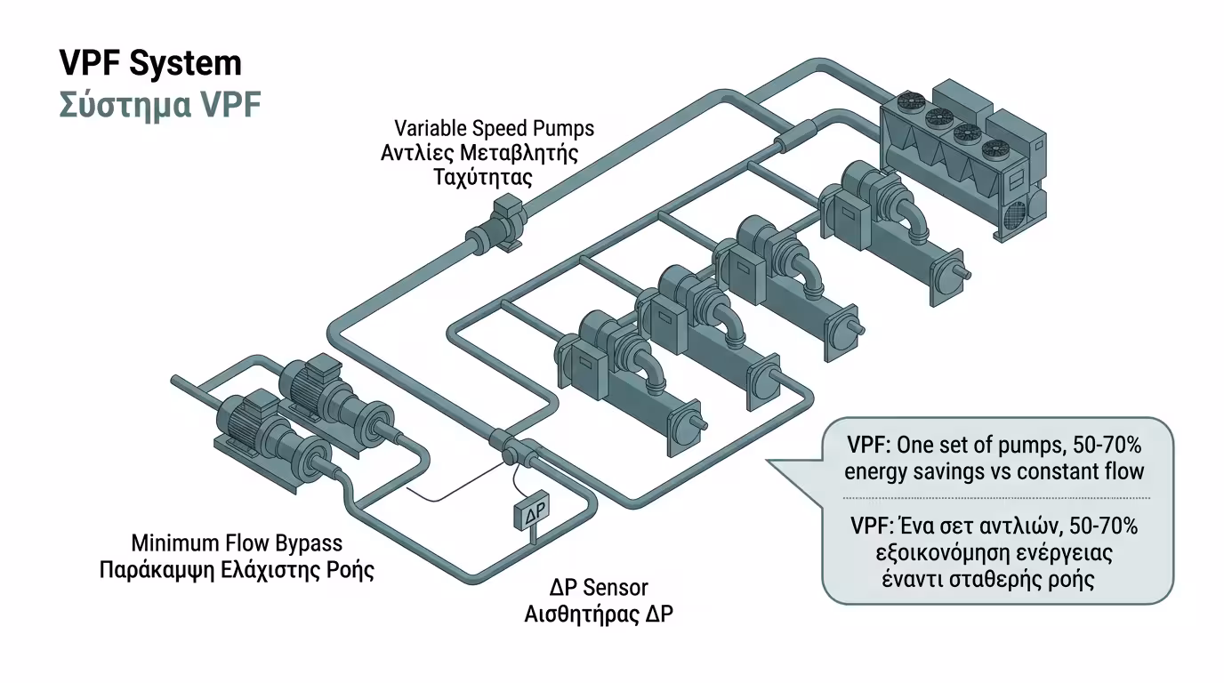 Variable Primary Flow VPF - μία σειρά Inverter αντλιών, κατάργηση πρωτεύοντος κυκλώματος