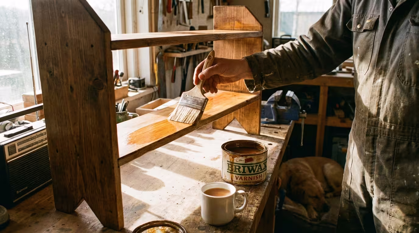 Χέρι που βερνικώνει ξύλινο έπιπλο με πινέλο - ζεστό, ελαστικό, φιλικό προς αρχάριους