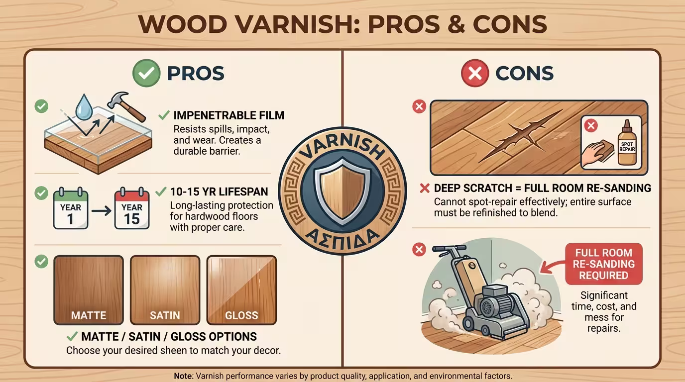 Ινφογκράφικ βερνικιού πατώματος: σκληρό φιλμ, 10-15 χρόνια, ποικιλία φινιρισμάτων vs δύσκολη τοπική επιδιόρθωση (ελληνικά και αγγλικά)