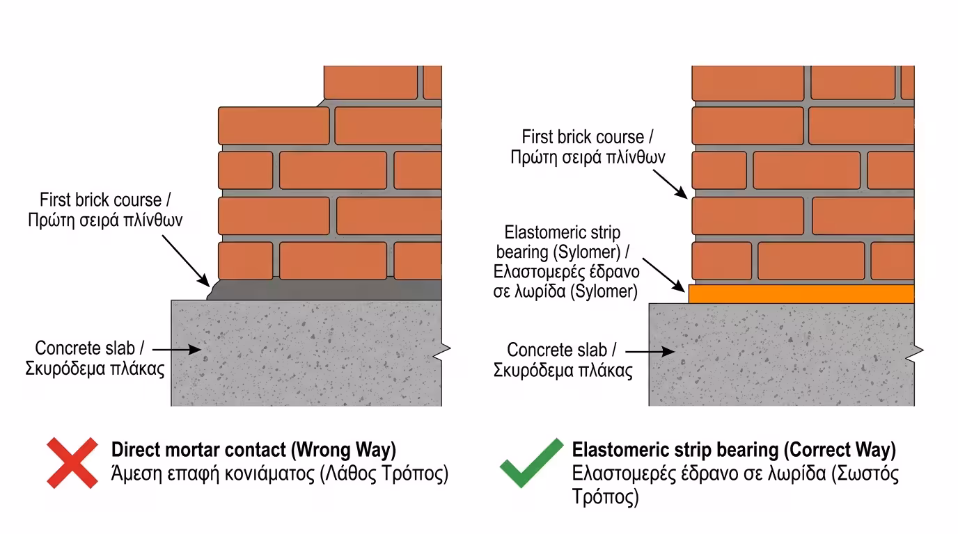 Ελαστομερής λωρίδα έδρασης (Sylomer) κάτω από τούβλινο τοίχο - ο τοίχος δεν ακουμπάει το μπετόν