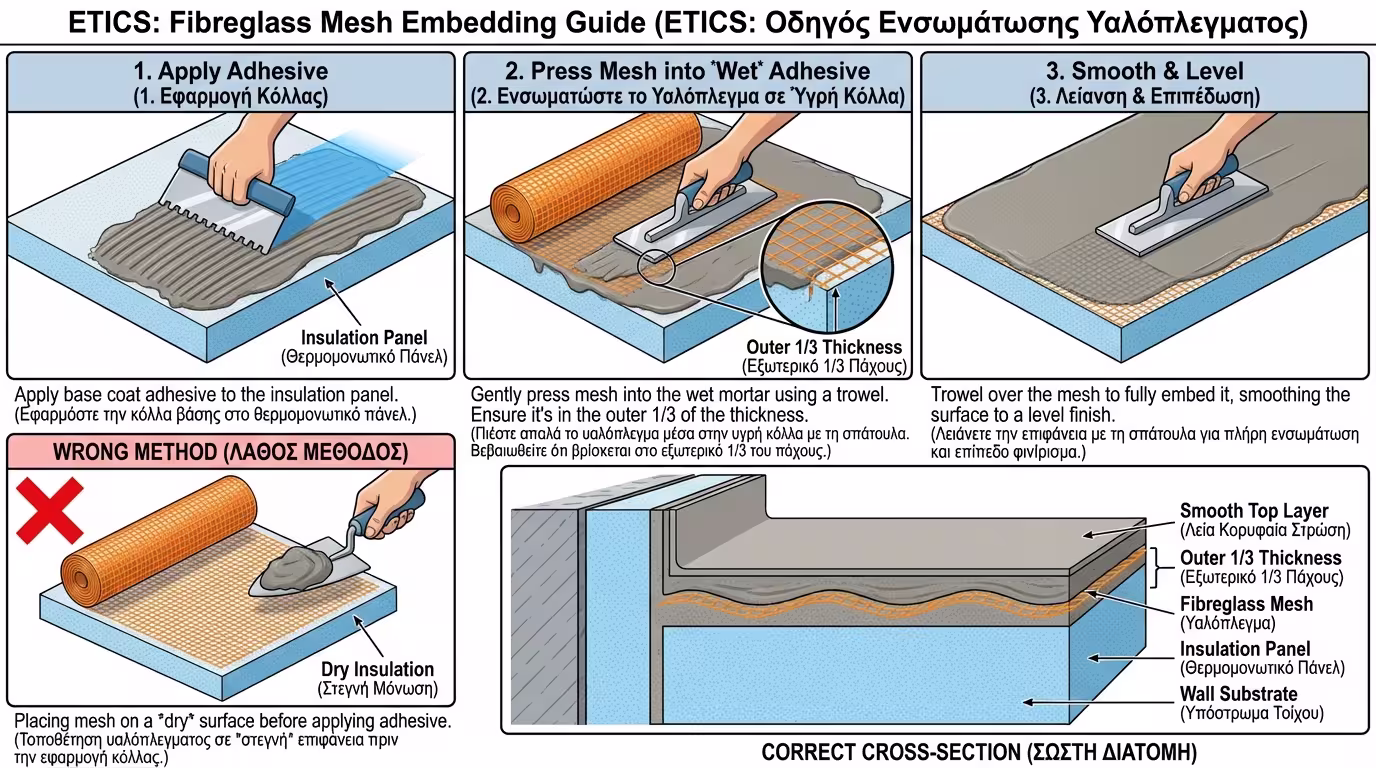 Υαλόπλεγμα βυθισμένο μέσα σε ινοπλισμένη κόλλα ETICS