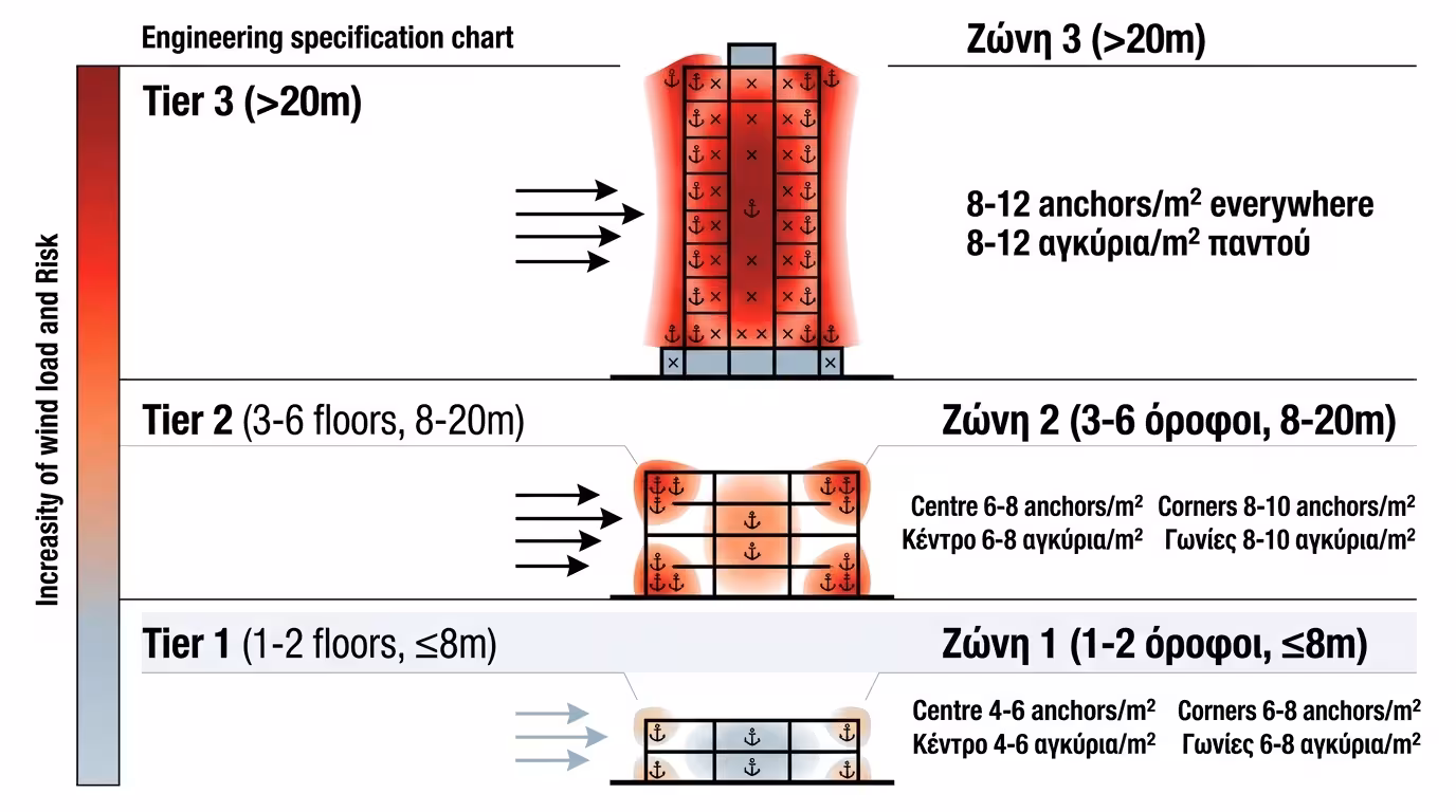 Πίνακας βυσμάτων ανά τ.μ. - ύψος κτιρίου και ζώνη ανέμου