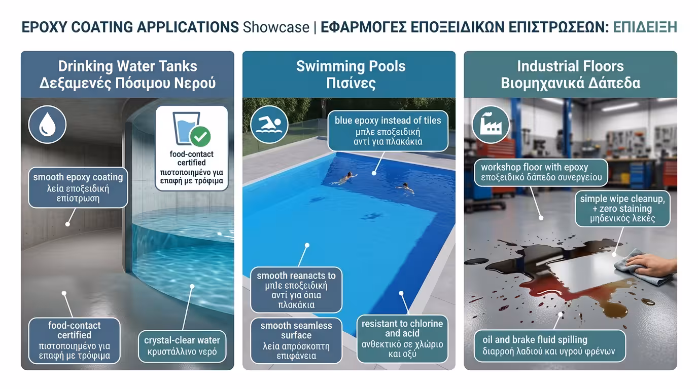 Εφαρμογές εποξειδικών - δεξαμενές, πισίνες, βιομηχανικά δάπεδα
