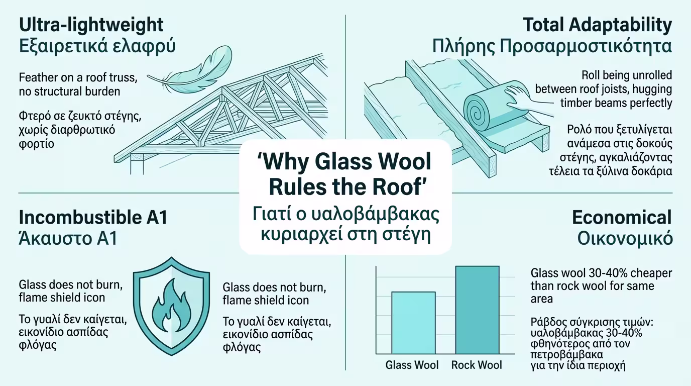 Υαλοβάμβακας σε ξύλινη στέγη - ελαφρύς και προσαρμοστικός