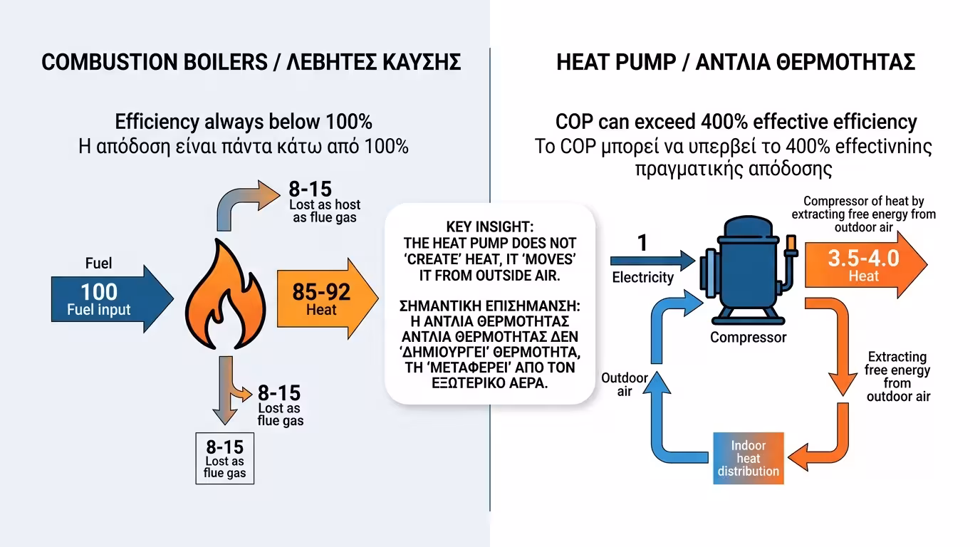 Βαθμοί απόδοσης – COP, λέβητας, Αντλία Θερμότητας, ρεύμα αντίσταση