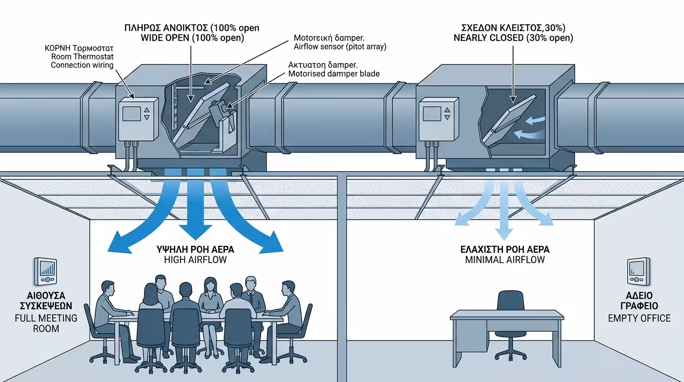 Κουτί VAV Box - κλαπέτο, θερμοστάτης τοίχου, αυτονομία γραφείου