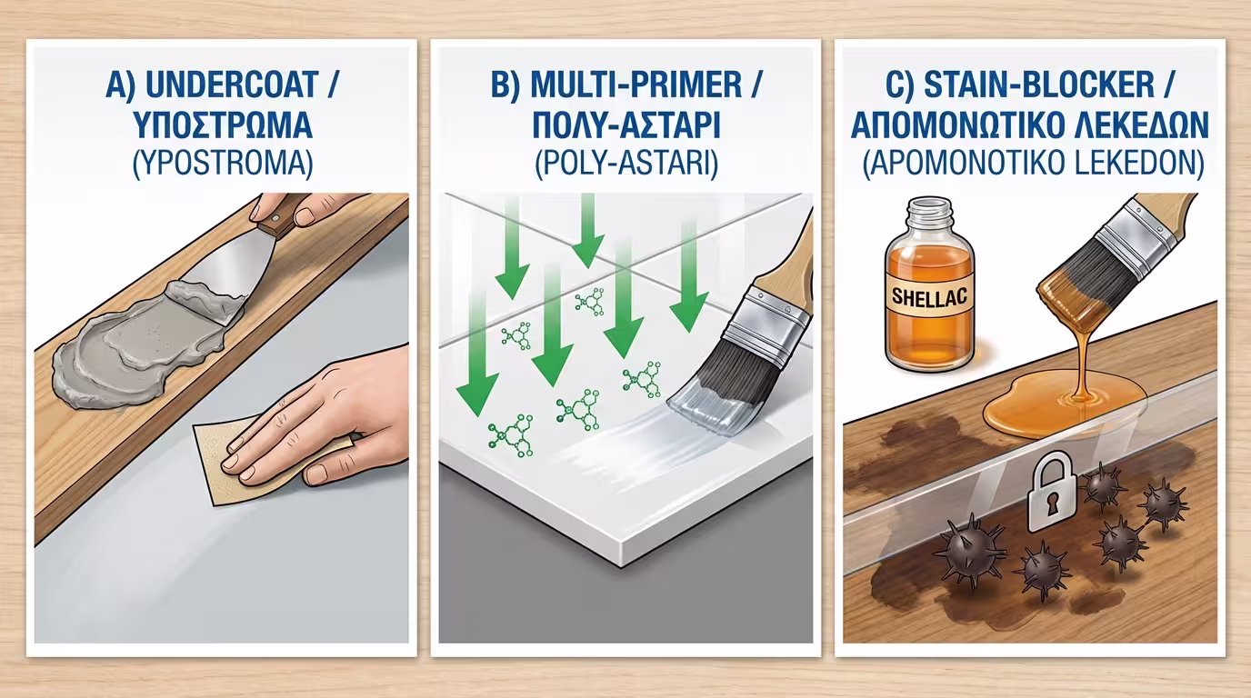 Ινφογκράφικ: Α) Βελατούρα (γεμιστικός καμβάς, νερού/διαλύτου), Β) Multi-Primer (χημικός δεσμός), Γ) Stain-Blocker (γομαλάκα, τανίνες) (ελληνικά και αγγλικά)