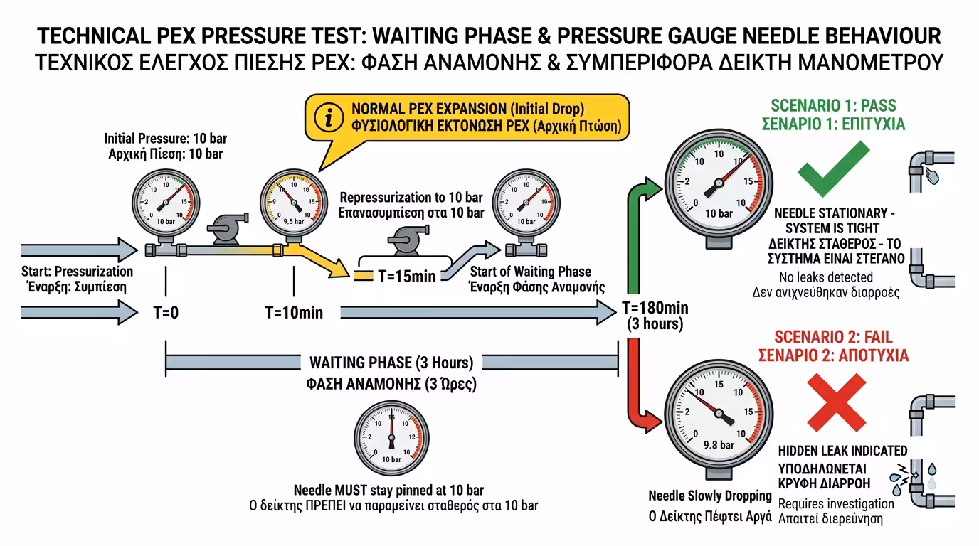 Βελόνα μανόμετρου καρφωμένη σε 10 bar - δοκιμή πίεσης σε εξέλιξη, αναμονή 2-3 ώρες