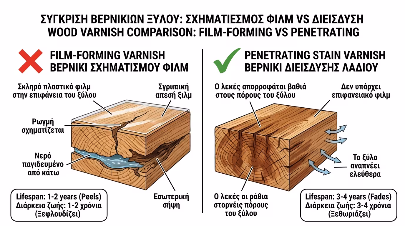 Σύγκριση βερνικιού κρούστας (ξεφλουδισμένο) vs βερνικιού εμποτισμού (ξεθωριασμένο αλλά σώο)