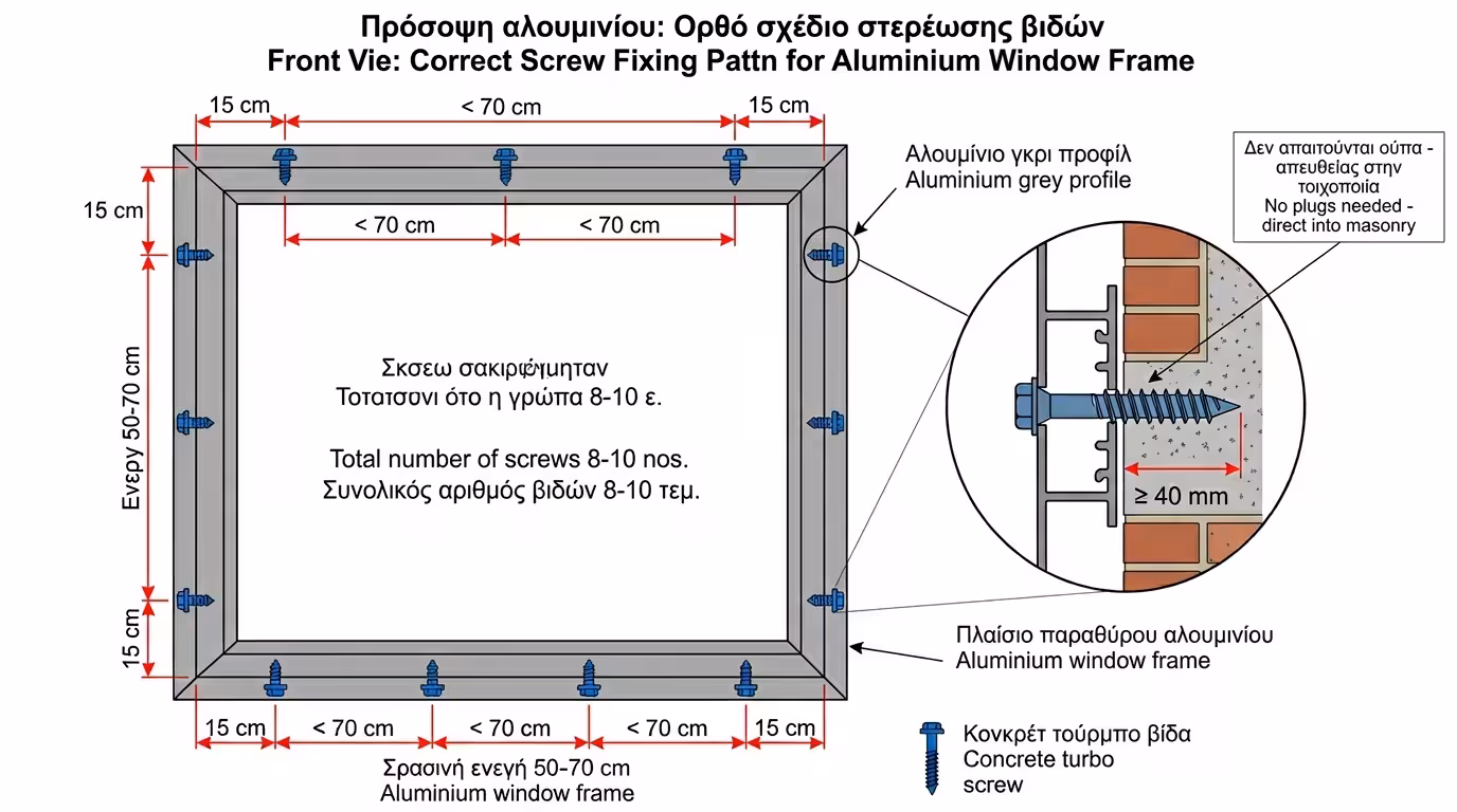 Βίδες Turbo μπετού για μηχανική στερέωση κουφώματος σε τοίχο
