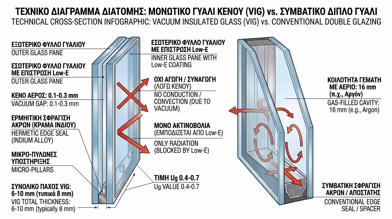 Τομή VIG υαλοπίνακα κενού - δύο τζάμια με κενό 0.1-0.3mm