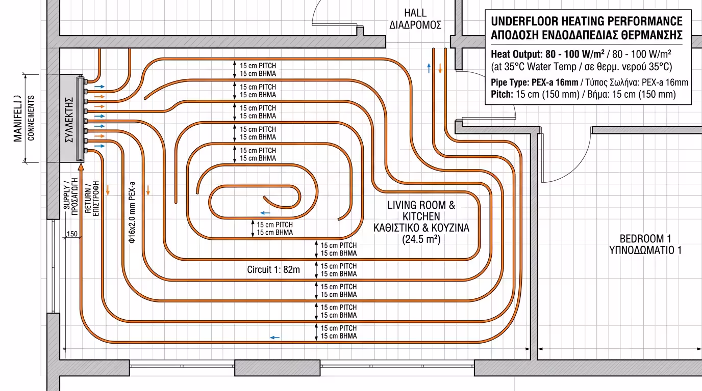 Βήμα σωλήνωσης 15 εκατοστών ενδοδαπέδιας θέρμανσης - κανονική απόσταση σε σαλόνια και υπνοδωμάτια