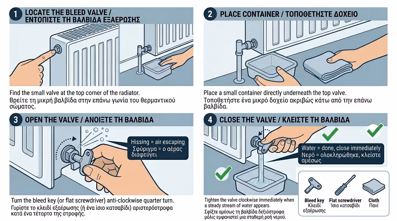 Βήμα-βήμα εξαέρωση καλοριφέρ: κλειδάκι εξαέρωσης, βαλβίδα, πανί, μανόμετρο πίεσης