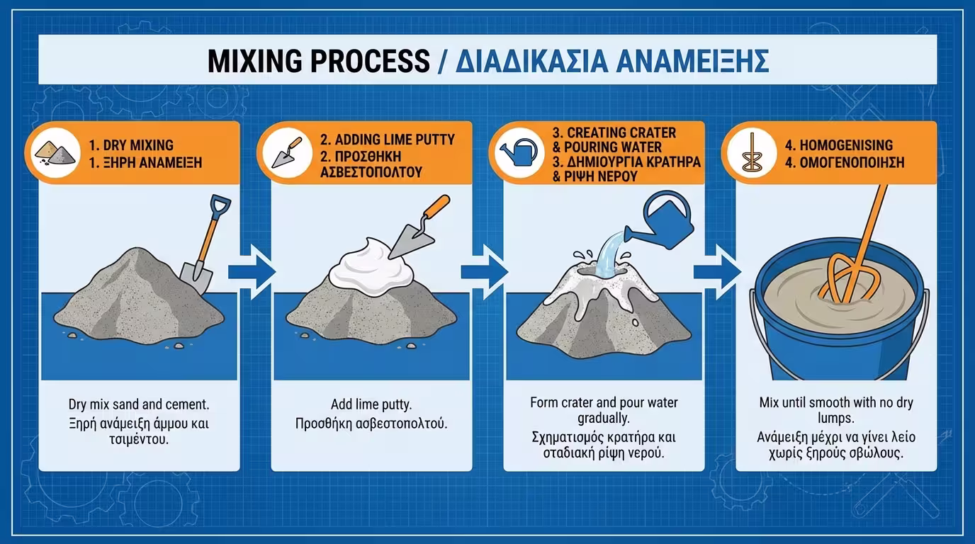 Ξηρή μίξη, κρατήρας, σταδιακή προσθήκη νερού