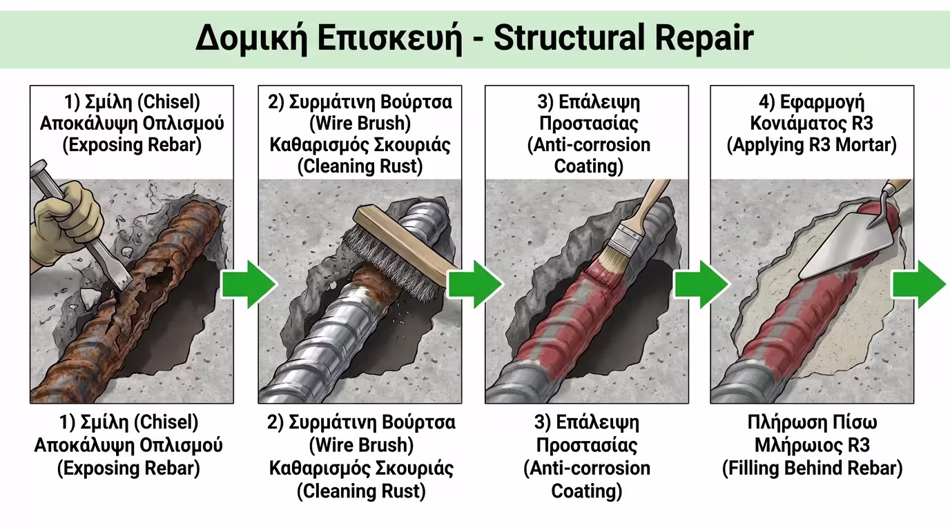 4 βήματα: αποκάλυψη → αφαίρεση σκουριάς → αντιδιαβρωτικό → γέμισμα R3