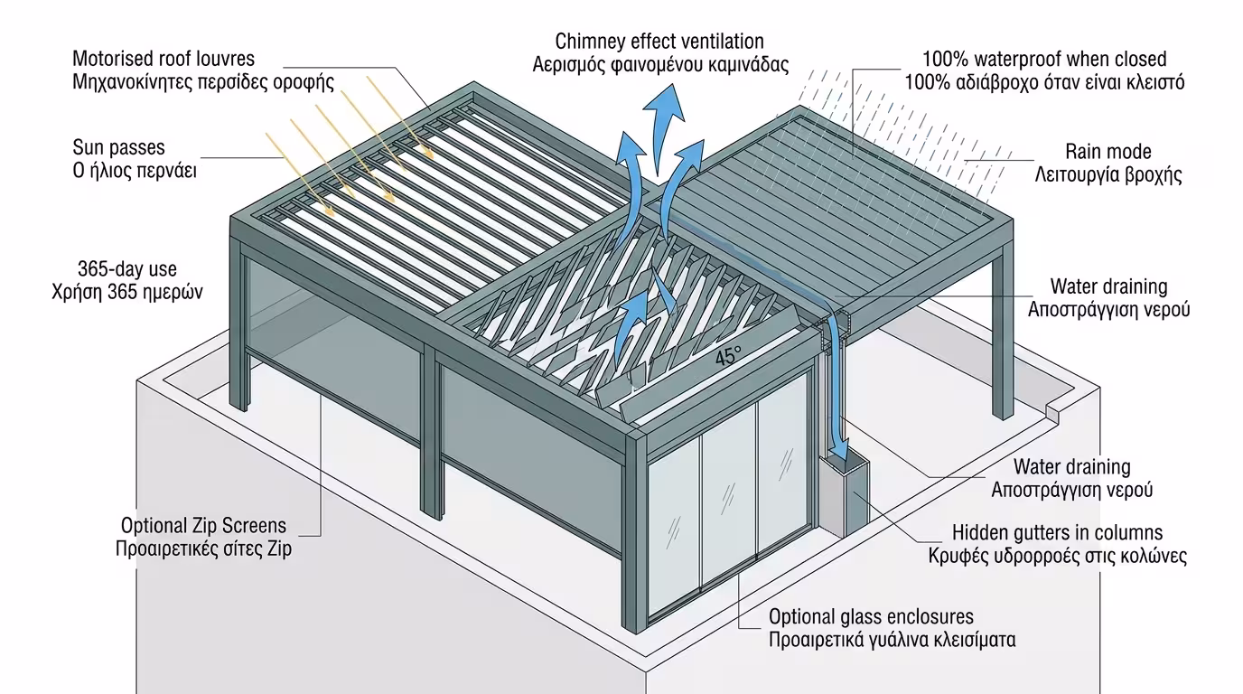 Βιοκλιματική πέργκολα αλουμινίου - κινητές περσίδες οροφής, αεραγωγός, στεγανότητα