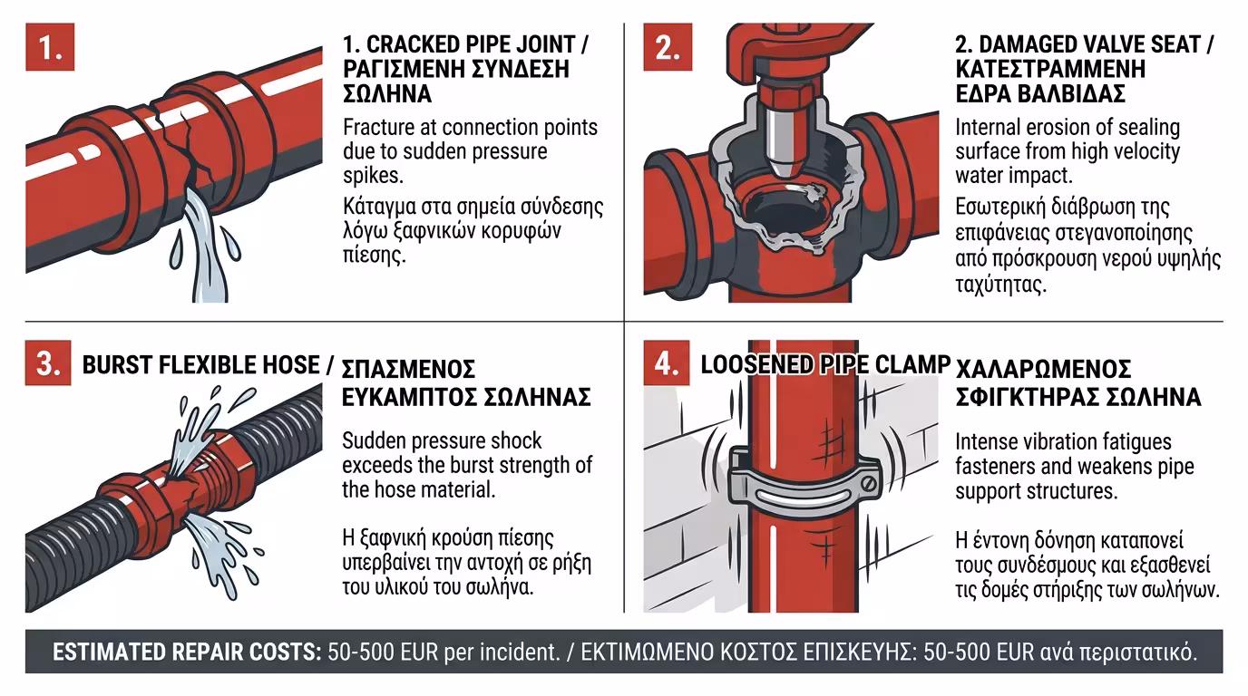 Ζημιές υδραυλικού πλήγματος - σπασμένα O-rings, διαρροές, βλάβες συσκευών