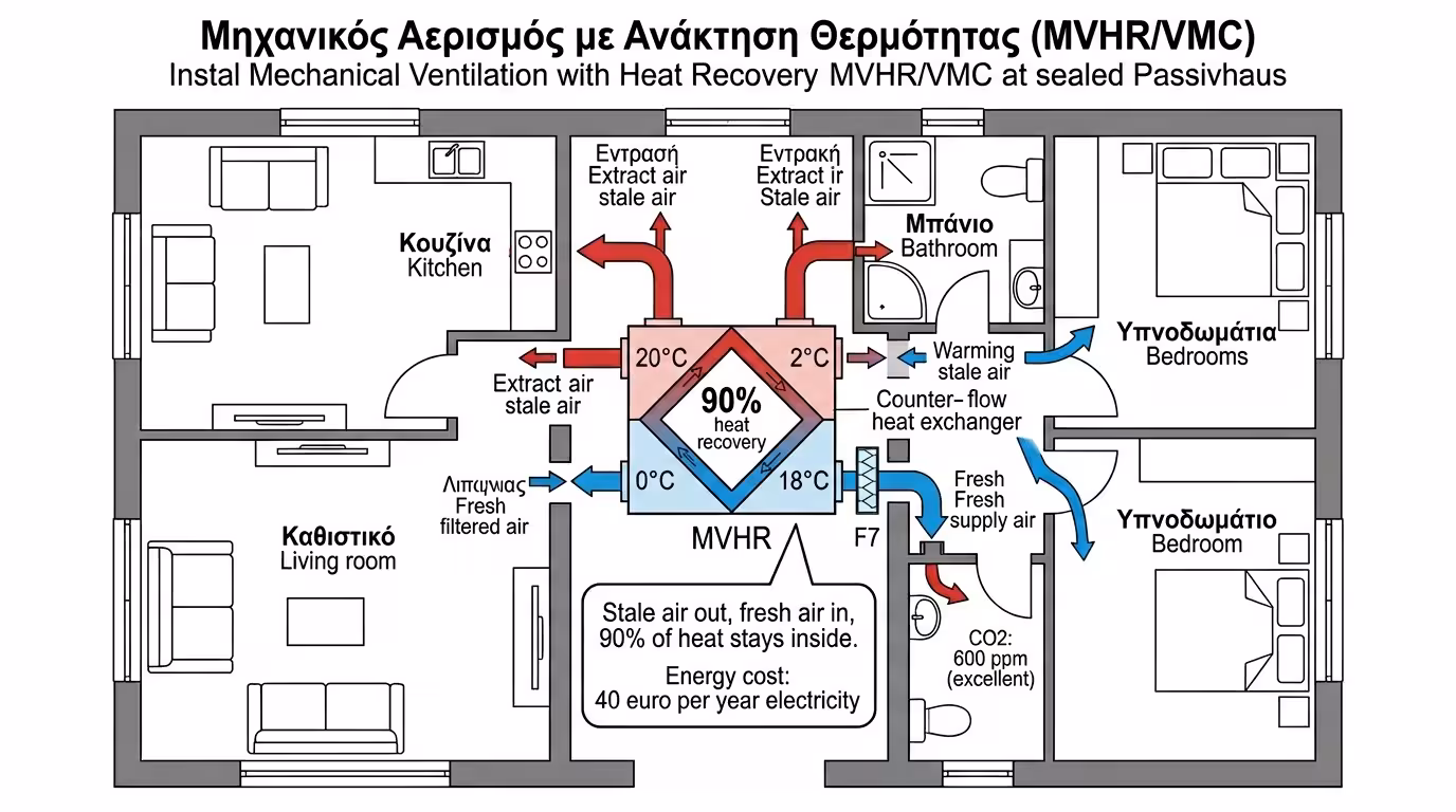 VMC ανάκτηση θερμότητας - αερισμός σφραγισμένου κτιρίου Passivhaus