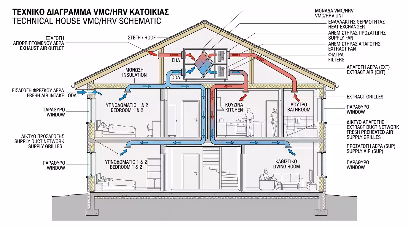 Μονάδα VMC/HRV - προσαγωγή νωπού αέρα, απαγωγή βρώμικου, τοποθέτηση στο πατάρι