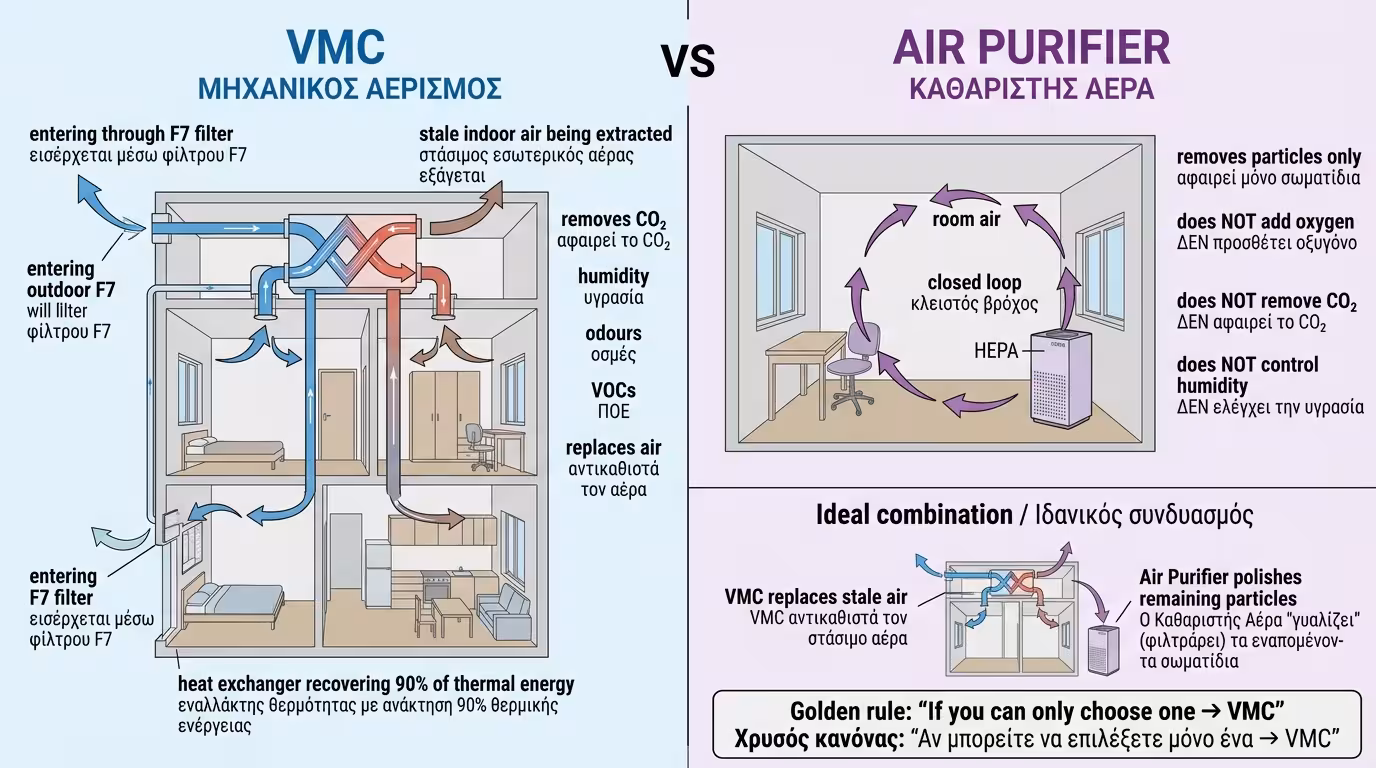 VMC φέρνει φρέσκο αέρα vs Air Purifier ανακυκλώνει τον ίδιο αέρα