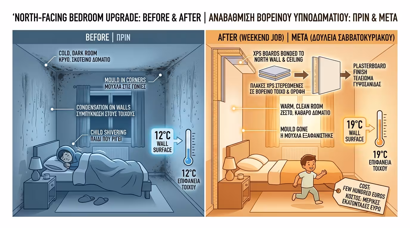 Βορεινό δωμάτιο με μούχλα στις γωνίες - πριν και μετά τη μόνωση