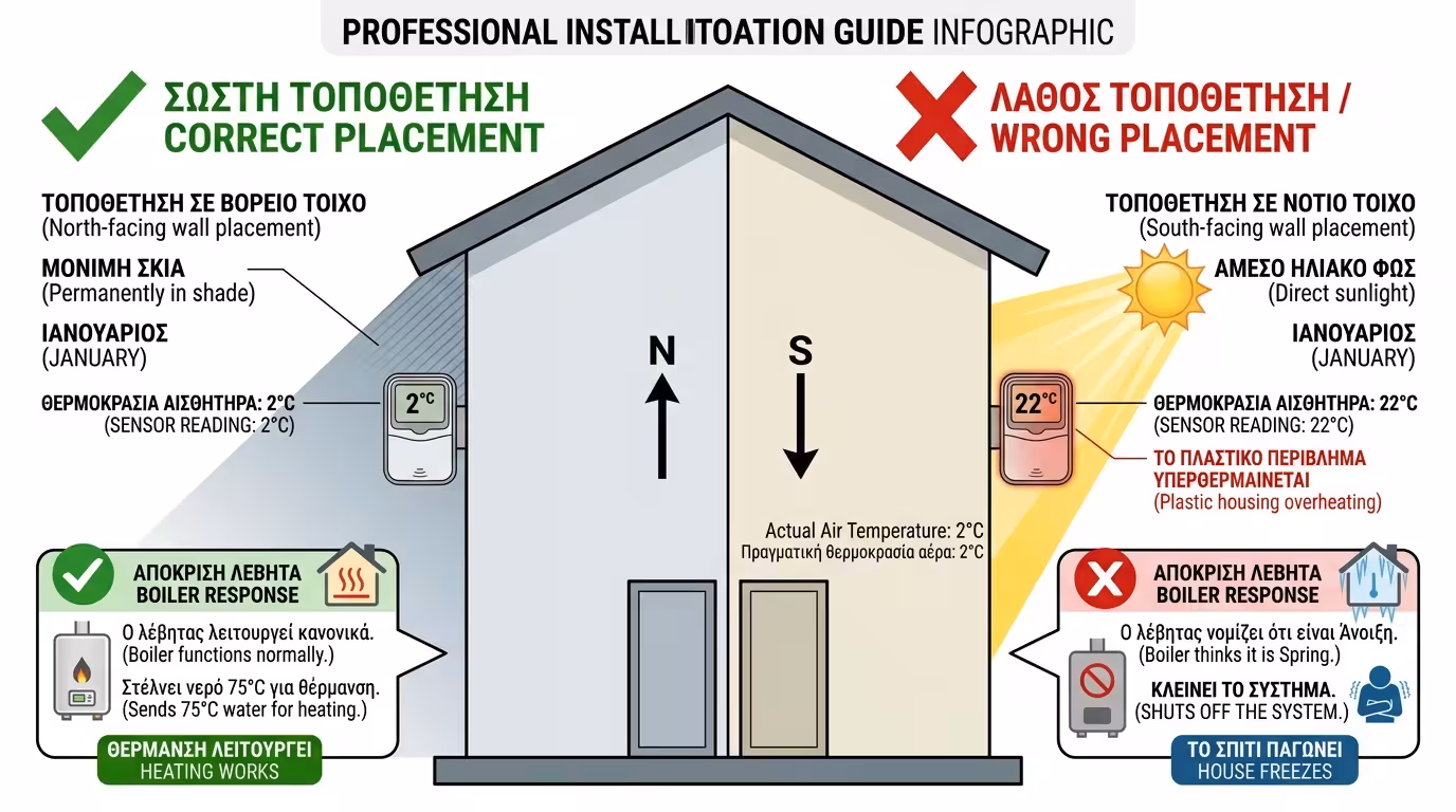 Βορινός τοίχος σκιά vs νότιος ήλιος - σωστή/λάθος θέση αισθητήρα