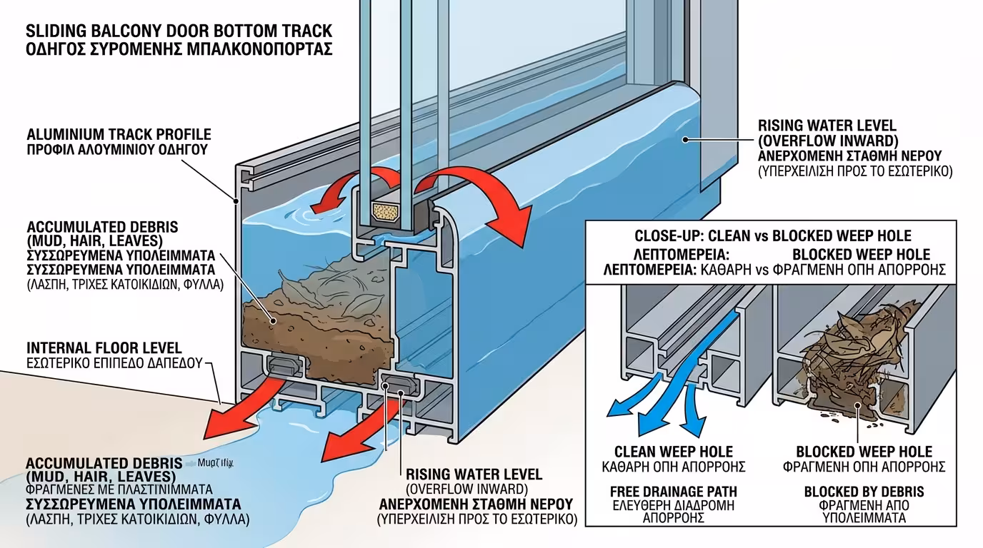 Βουλωμένοι νεροχύτες (weep holes) στο κάτω μέρος κάσας κουφώματος - λάσπη και σκόνη