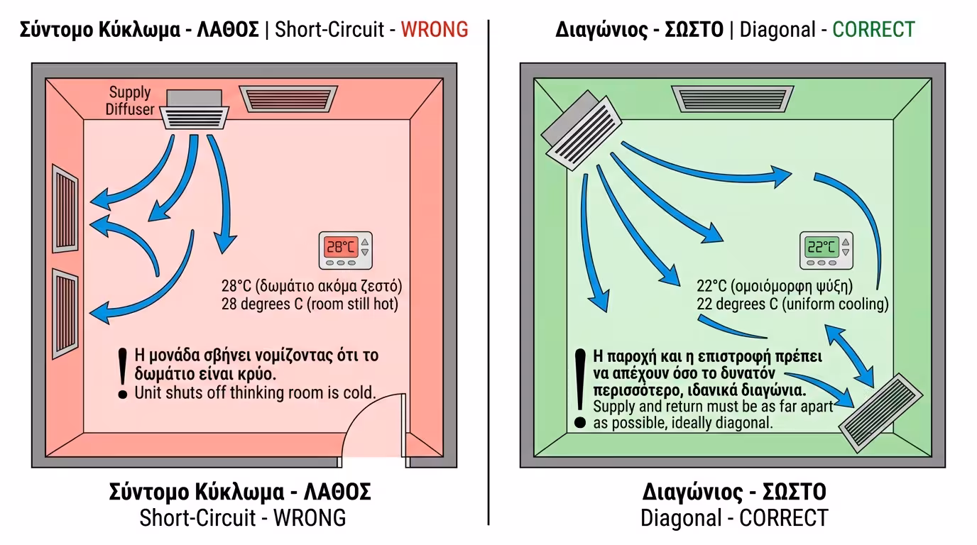 Βραχυκύκλωμα αέρα - προσαγωγή και επιστροφή δίπλα-δίπλα λάθος