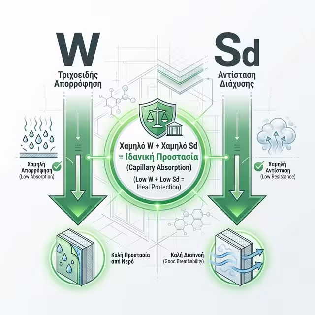 Διάγραμμα ισορροπίας w (απορρόφηση νερού) και Sd (φραγμός υδρατμών) σε βαφές όψεων